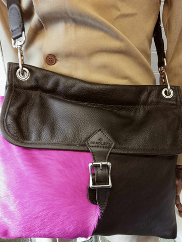 Pink Hair on Black Leather Keepers Bag
